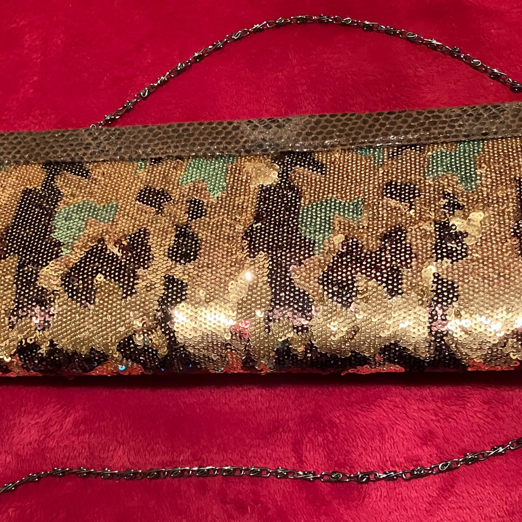 Big Buddha Gold And Black Sequin Clutch